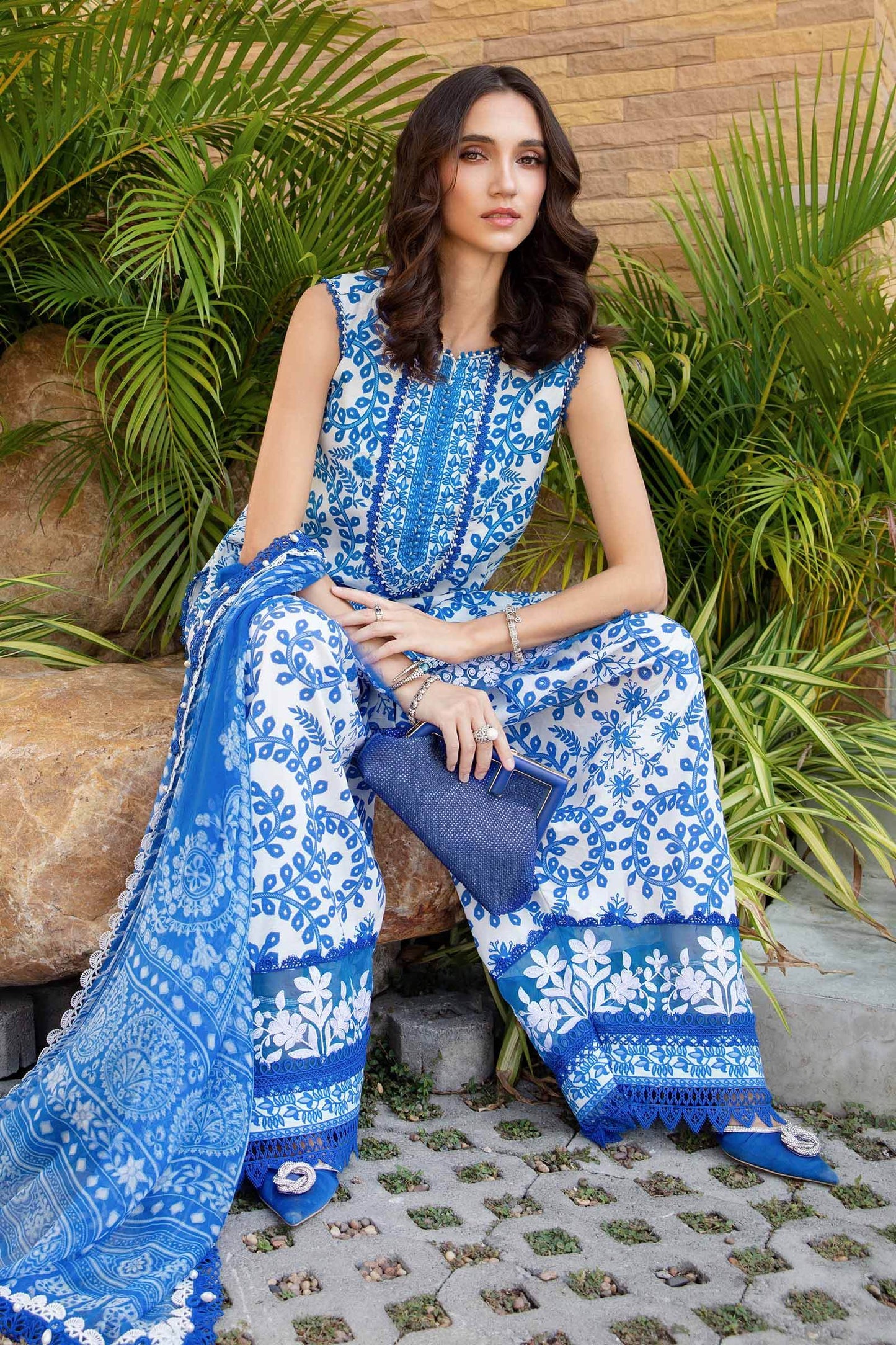 M prints blue cord set 3pice unstitched - BK.Clothings